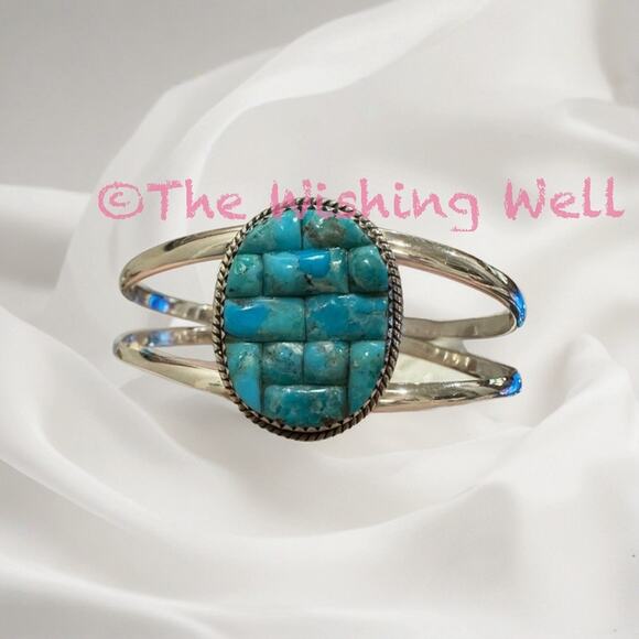 Kingman Turquoise Oval Grid Inlay Cluster Cuff Sterling Silver SZ 6-8 - Picture 5 of 5